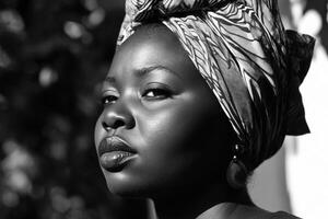 Elegant portrait of a woman with a vibrant headscarf in black and white at a sunny outdoor location photo