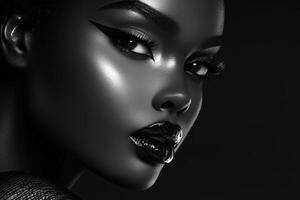 Striking portrait of a model with bold makeup and captivating gaze captured against a dark backdrop photo