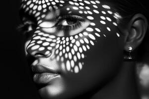 Model with intricate light pattern shadows on her face against a dark background creating a striking visual effect photo