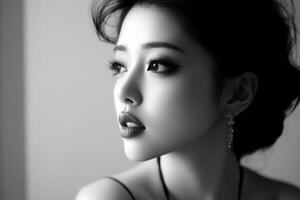 Elegant portrait of a woman showcasing stunning makeup and jewelry in a soft monochrome style photo