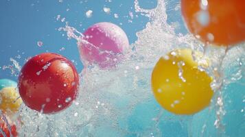 Colorful balls create splashes in a sunny outdoor pool during summer fun photo