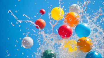 Colorful balls splash in clear water under bright blue sky during sunny day photo