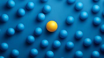 Colorful arrangement of spherical objects with a bright yellow ball standing out against a blue background photo