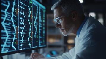 Researcher analyzing complex data in a modern lab setting during late evening hours photo