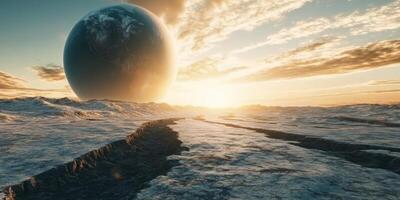 Vast alien landscape with a giant planet looming over a rugged terrain at sunset photo