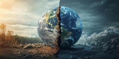 Creative representation of Earth's contrasting climates portrayed through a split landscape and planet depiction photo