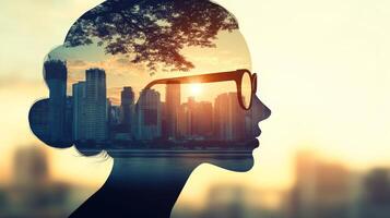 Silhouette of a woman with cityscape reflections at sunset creating a striking visual contrast photo