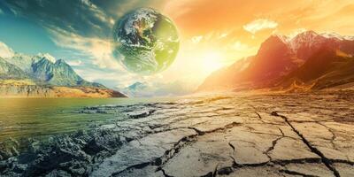 Surreal landscape with a giant planet over a cracked earth and a serene lake at sunset photo