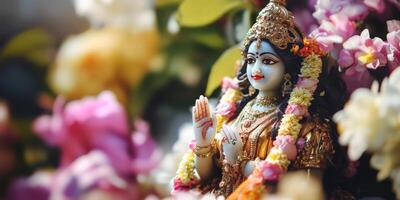 Beautiful idol of goddess surrounded by vibrant flowers in a serene setting during a festival celebration photo