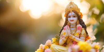Beautiful statue of a goddess adorned with flowers during a vibrant festival celebration in a sunny garden photo