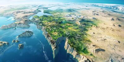 Detailed aerial view of a diverse landscape showcasing coastlines, rivers, and mountainous terrain under clear skies photo