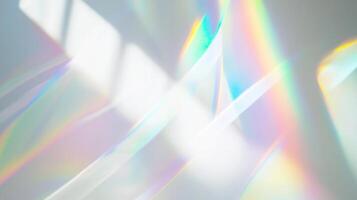 Colorful light reflections create a mesmerizing pattern on a surface in a bright room during daylight hours photo