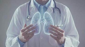 Medical professional demonstrates virtual lungs during a health consultation in a clinical setting photo