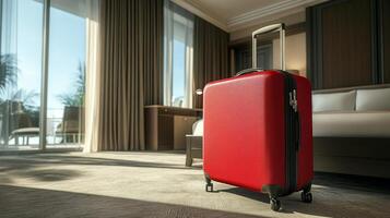 Bright red suitcase standing alone in a hotel room with a view of palm trees and a sunny day photo