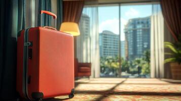 Red suitcase beside a window in a hotel room during daylight with a city view in the background photo