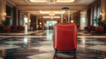 Bright red suitcase stands alone in a luxurious hotel lobby with marble floor and elegant decor during evening hour photo