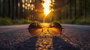 Reflections of a sunset captured in sunglasses on a quiet road surrounded by trees photo