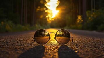 Sunglasses reflecting a scenic sunset on a quiet forest road during golden hour photo