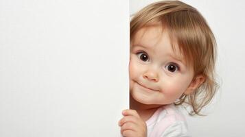 Curious toddler peeking from behind a white panel in a bright indoor space photo