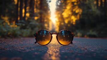 Sunglasses on a quiet road at sunset, surrounded by vibrant forest scenery and golden light photo