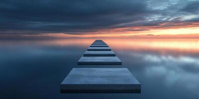Pathway leads across tranquil water towards a stunning sunset horizon with dramatic clouds photo