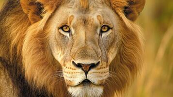 Majestic lion with intense gaze in golden grasslands during sunset photo