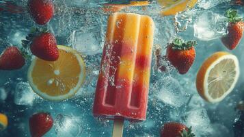 Refreshing popsicle surrounded by vibrant fruits and ice in a cool water splash photo