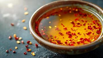 Spicy chili oil in a bowl with red pepper flakes on a dark surface photo