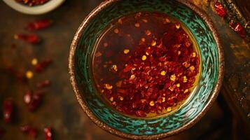 Chili oil with red pepper flakes in a rustic bowl on a wooden surface surrounded by scattered ingredients photo