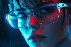 Close up of a young woman with glasses in a neon-lit rain-soaked environment during nighttime photo