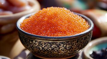 Colorful bowl of fresh salmon roe resting on a decorative table at a vibrant market in autumn sunlight photo