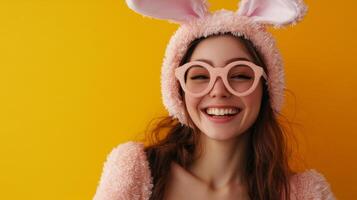 Smiling person wearing bunny ears and glasses enjoys playful moment against a bright yellow background photo