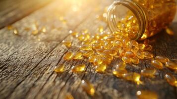 Golden gel capsules spill from a jar onto a rustic wooden surface in afternoon sunlight photo