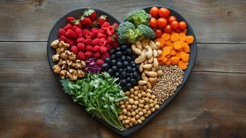 Colorful heart-shaped arrangement of fresh fruits and vegetables in a rustic setting celebrating healthy eating photo