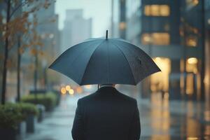Man holding a black umbrella walking through a rainy urban street in the evening with city lights in the background photo