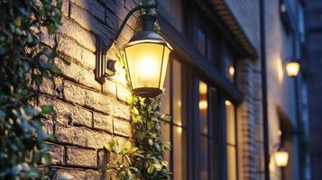 Warm lantern light illuminating an old brick wall in the evening, creating a cozy atmosphere in a quaint alley photo