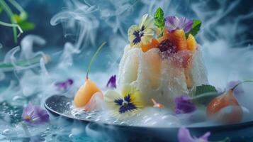 Delightful dessert adorned with flowers and fruits served on a dark plate with misty effects photo