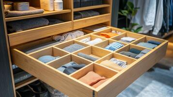 Neatly organized drawer displaying folded clothes and accessories in a modern closet setup photo