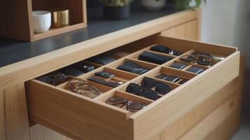 Organized sunglasses and accessories in a wooden drawer on modern furniture in a stylish living room setting photo