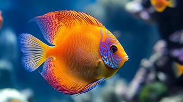 Vibrant orange fish with blue patterns swims gracefully in a colorful coral reef environment photo