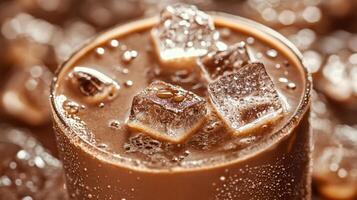 Refreshing iced chocolate drink with ice cubes and bubbles in a glass surrounded by chocolate pieces, indulgent dessert beverage concept photo
