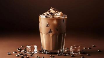 Iced coffee drink with chocolate flavor and ice cubes served in a glass on a brown background, perfect for warm days and coffee lovers, beverage concept photo