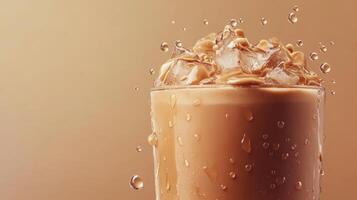 Iced coffee drink with splashes and ice cubes in a glass on a warm background refreshing beverage concept photo
