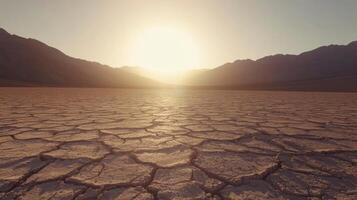 Vast cracked earth stretches under a glowing sun in a striking desert landscape at dusk photo