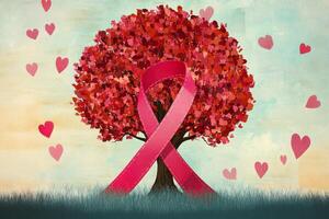 Symbolic tree adorned with hearts and pink ribbon representing awareness and love for health causes photo