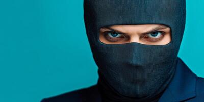 Mysterious figure in a black mask with piercing blue eyes against a vibrant turquoise background photo