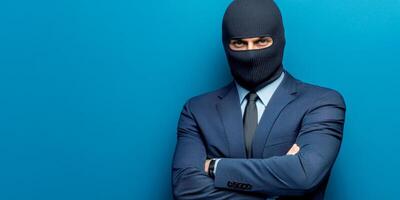 Businessman in suit with ski mask against a vibrant blue background showcasing a contrast between professionalism and anonymity photo