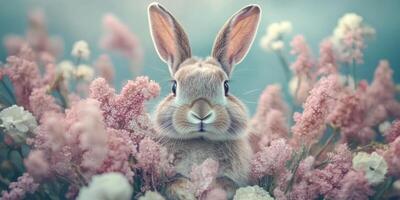 Cute rabbit surrounded by colorful flowers in a serene garden setting during springtime photo