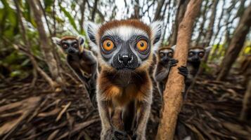 Lemurs exploring their natural habitat in Madagascar at midday amidst lush greenery and vibrant foliage photo