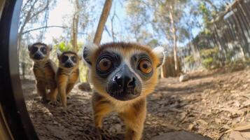 Curious lemurs explore their enclosure during a sunny afternoon in a wildlife park photo